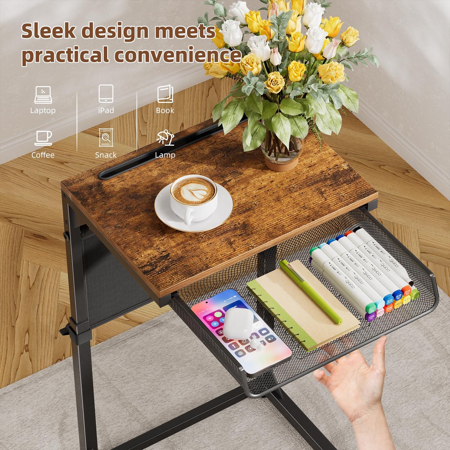 Simple Trending C Shaped End Table with Charging Station, Side Table Adjustable Height, Sofa Couch Table TV Tray with Storage Bag for Living Room, Rustic Brown