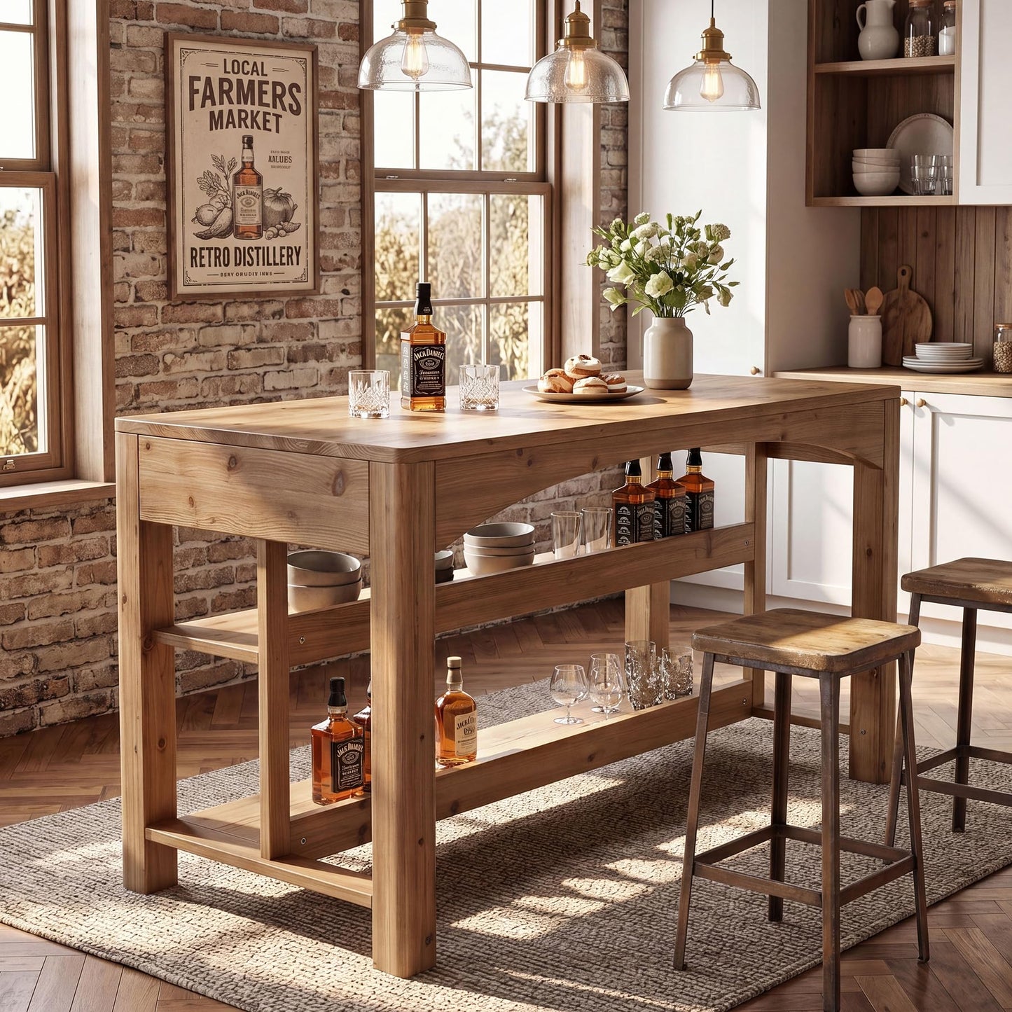 TRIBEWOOOD 59 Inches Kitchen Island with Storage, 3-Tier Solid Wood Stationary Island Table with Open Shelves, Large Prep Table for Kitchen Dining Room, Rustic Brown