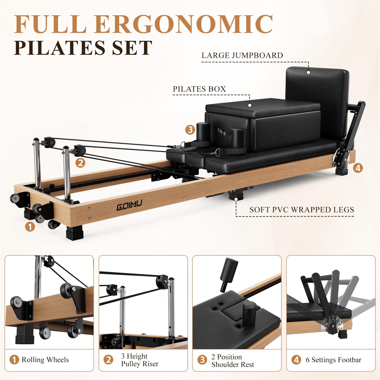 GOIMU Pilates Reformer, 91" Wooden Pilates Reformer Machine with Springs, Foldable Pilates Machine for Studio and Home, Oak Pilates Equipment with Jump Board