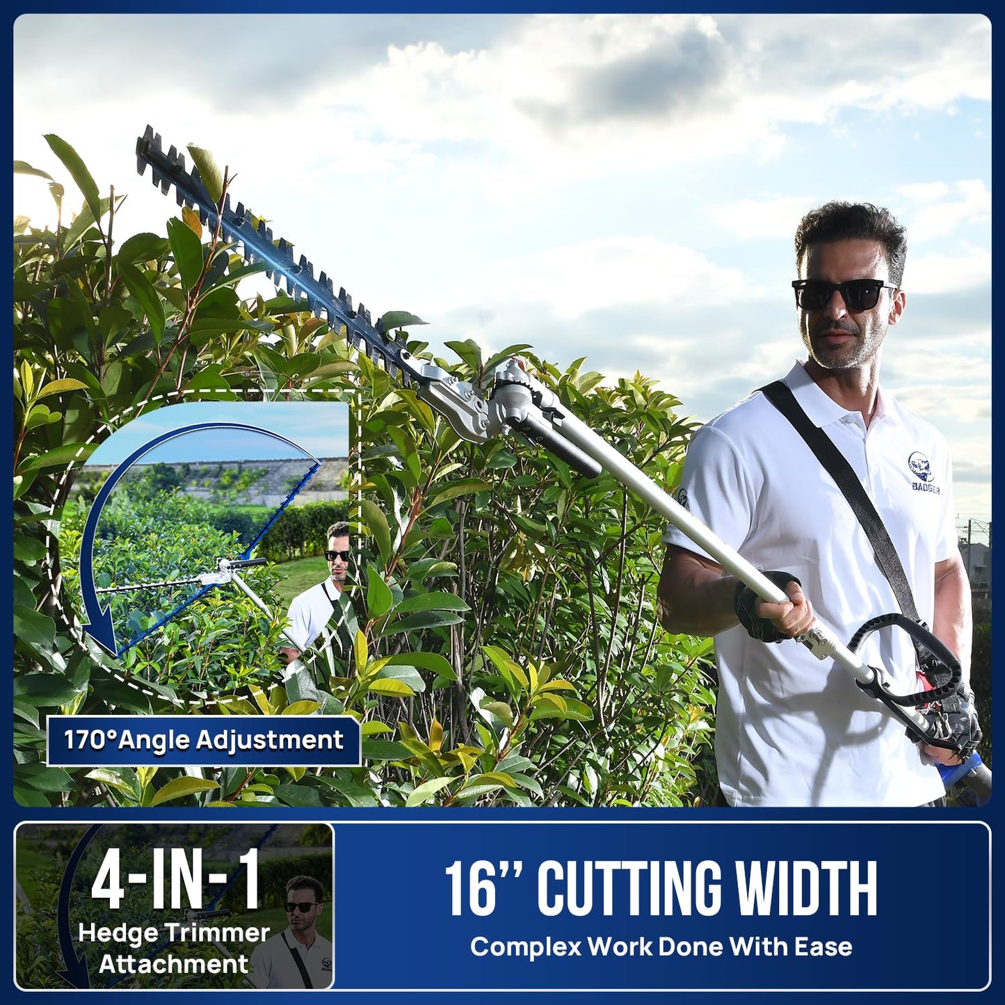 Wild Badger Power 40V Brushless Weed Wacker, String Trimmer/Edger, Hedge Trimmer and Brush Cutter Blade, Pole Saw, Attachment Capable 4-in-1 Multi-Tool Kit with 1 * 40V 4Ah Battery and 1*Charger