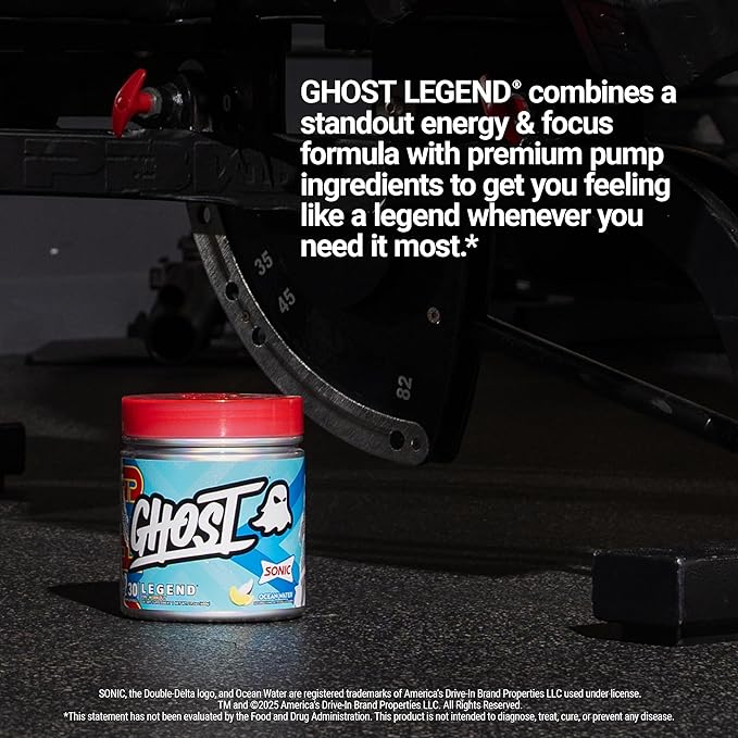 GHOST Legend Pre-Workout Powder, Sonic Ocean Water - 30 Servings ??Pre-Workout for Men & Women with Choline, L-Citrulline, & Beta Alanine for Energy & Focus