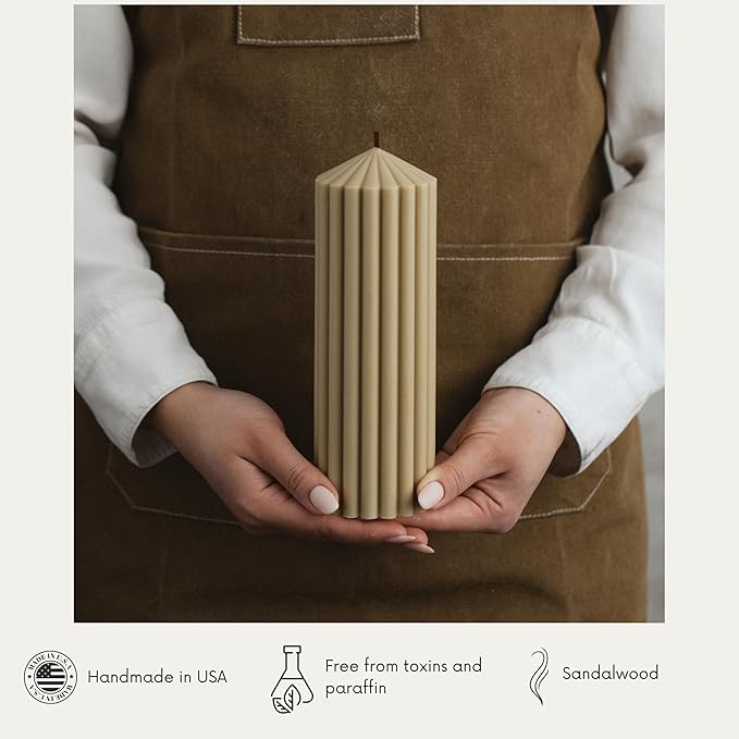 LAWA Ribbed Peak Pillar Candle - Large Beautiful Handmade Pillar Scented Soy Wax Candle Elegant Bubble Aesthetic Candle Housewarming Gift Home Room Shelf Decor Idea White (Medium, Olive Beige)