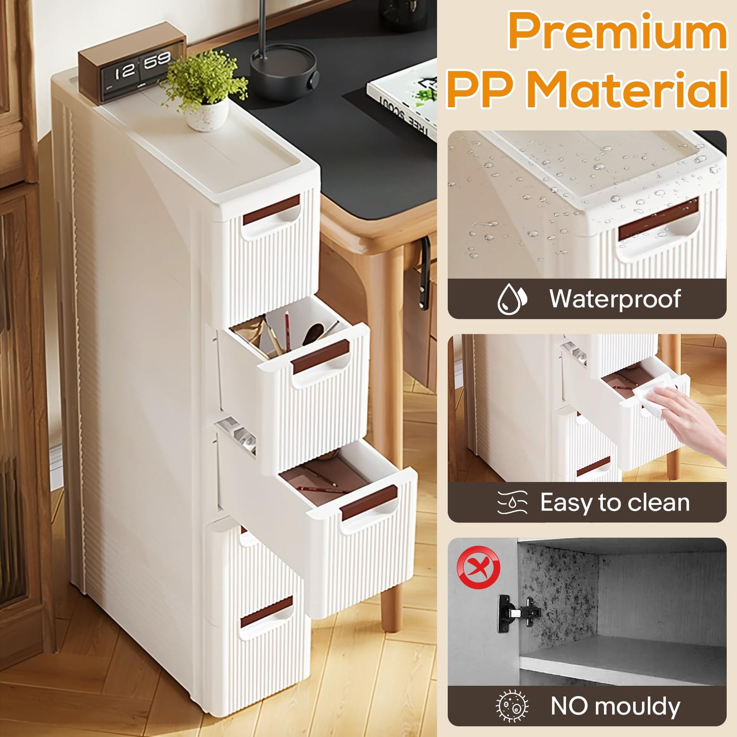 5 Drawers Slim Bathroom Storage Cabinet Dresser, Narrow Plastic Rolling Cart Organizer with Drawers, for Small Spaces, Kitchen, Laundry, Office, Bedroom, White