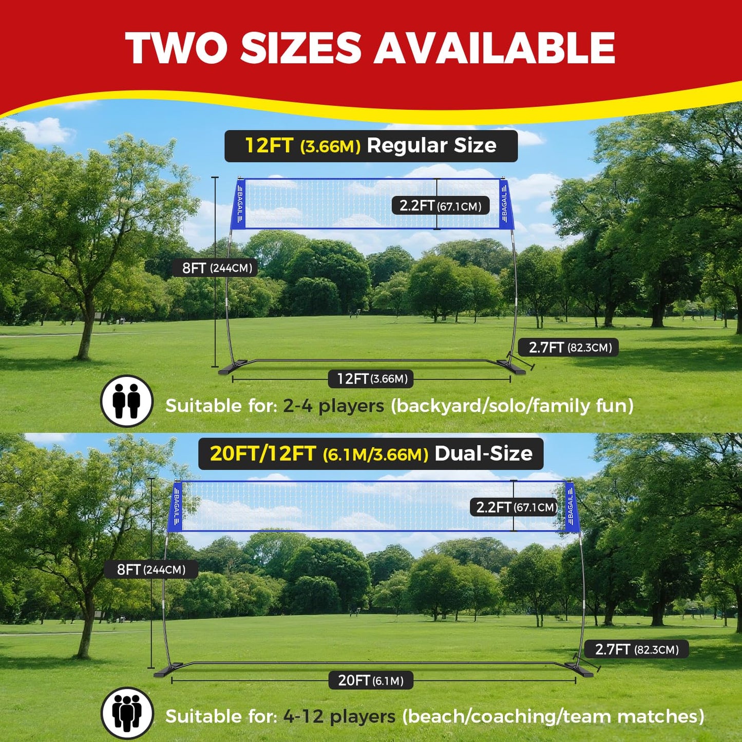 BAGAIL Volleyball Net, 12ft Portable Volleyball Net for Backyard - Adjustable Height, Heavy-Duty Frame, Freestanding Design - Portable Outdoor/Indoor Volleyball Set with Carry Bag - Blue
