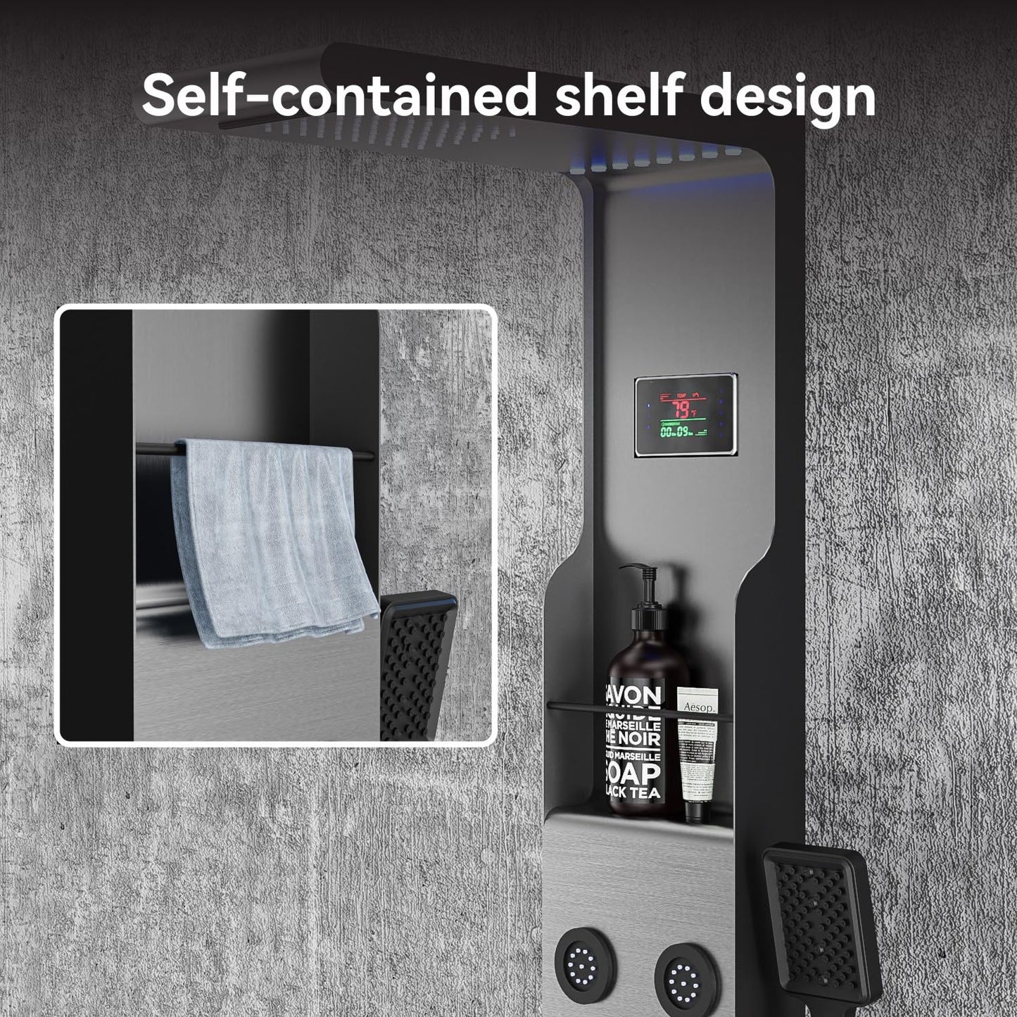 ELLO&ALLO LED Rainfall Shower Head and Rain Massage System with Body Jets Stainless Steel Bathroom Shower Panel Tower System with Shelf, Brushed Nickel&Black