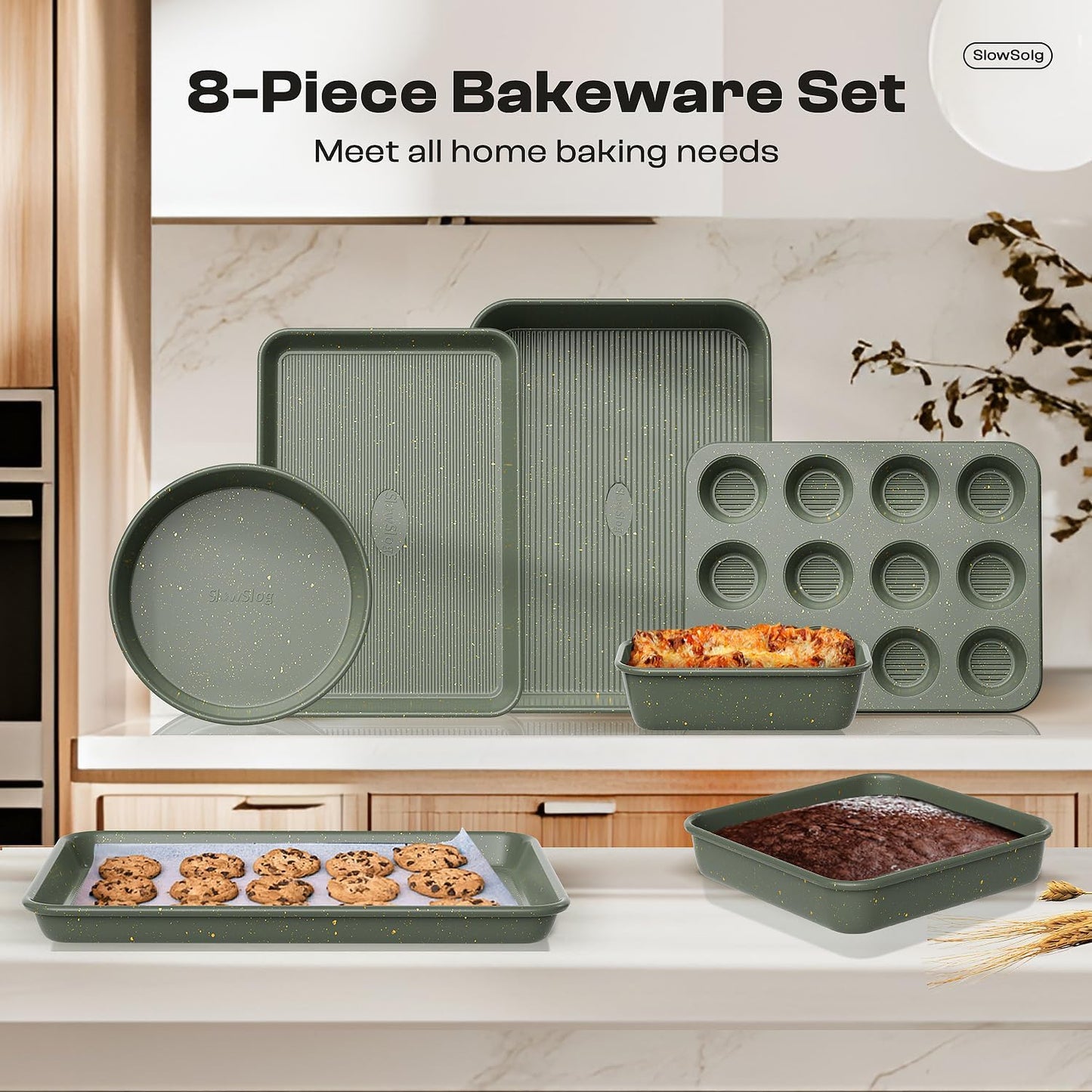 Regine Switzerland 8-Piece Nonstick Bakeware Set - Stackable Oven Pans with Cooling Rack & Ceramic Coating in Green
