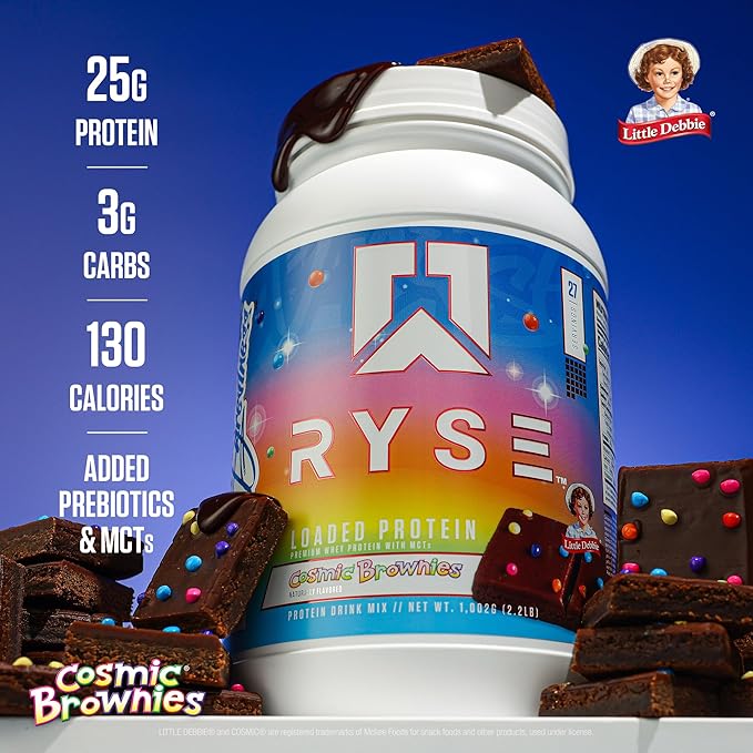 RYSE Loaded Protein Powder - Little Debbie Cosmic Brownie - 25g Whey Protein Isolate & Concentrate with Prebiotic Fiber & MCTs - Low Carb, Low Sugar, Digestive-Friendly - 27 Servings / 2 lb Tub