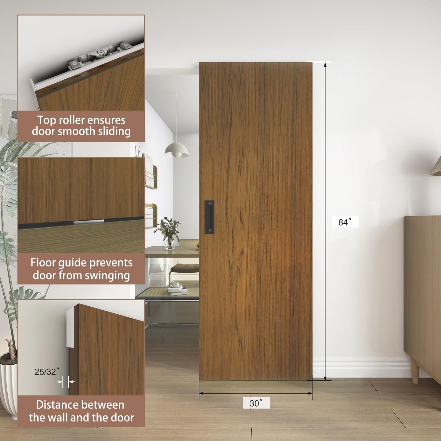 JUBEST 30"x84" Concealed Sliding Barn Door with Soft Close Hardware Kit, Brown Hidden Door for Opening 26"-28"x80", Waterproof and Modern, Smooth Sliding, for Interior Using, Widely Used