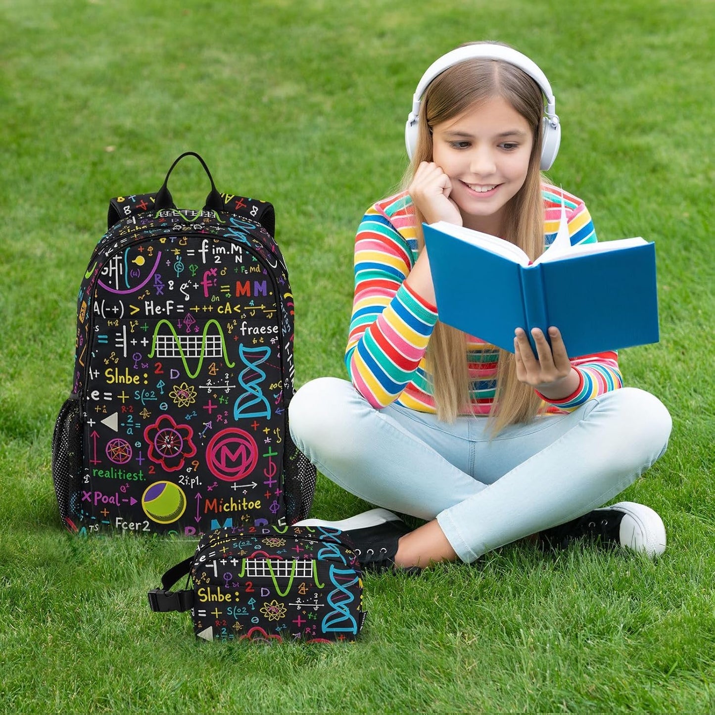 Backpack Set Pack ALAZA Colorful Math Science Geometric and Lunch Bag Back Bookbag Cooler Case Kits
