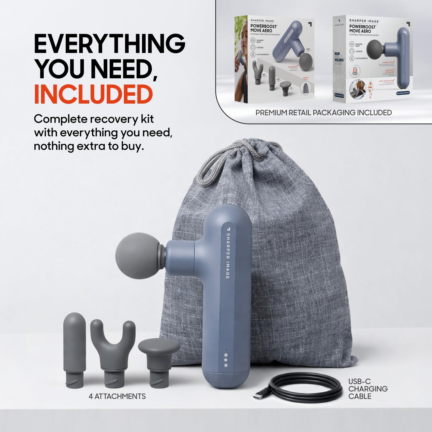 Sharper Image Powerboost Move Aero [New 2026 Version] Mini Deep Tissue Percussion Massage Gun| Muscle Recovery & Pain Relief Massage Tool| Full Body Back & Shoulder Massager| Travel Gift for Men Women