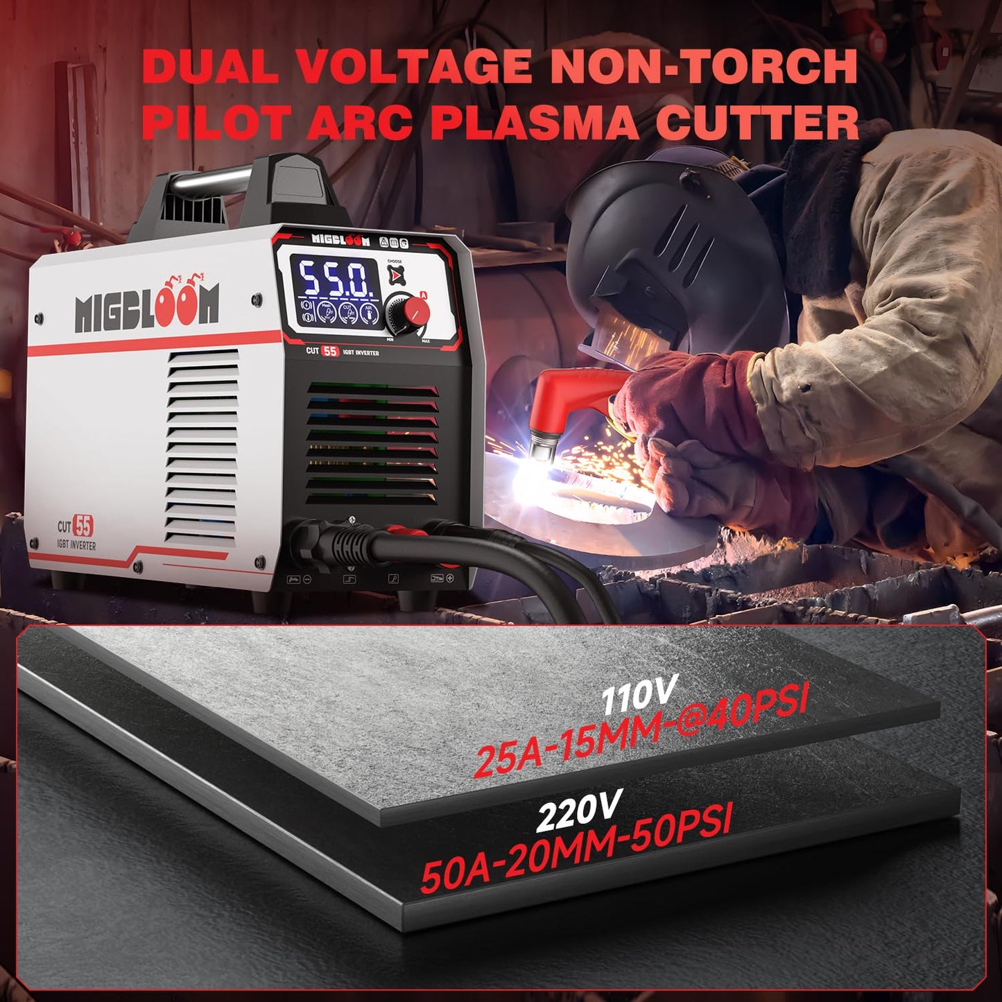 Plasma Cutter 55Amp Non Touch Pilot Arc Non-High Frequency,Non-Touch Dual Voltage 110V/220V Plasma Cutting Machine with LCD Screen IGBT Inverter 3/4'' Max Cut, Post Flow Mesh Cut 2T/4T