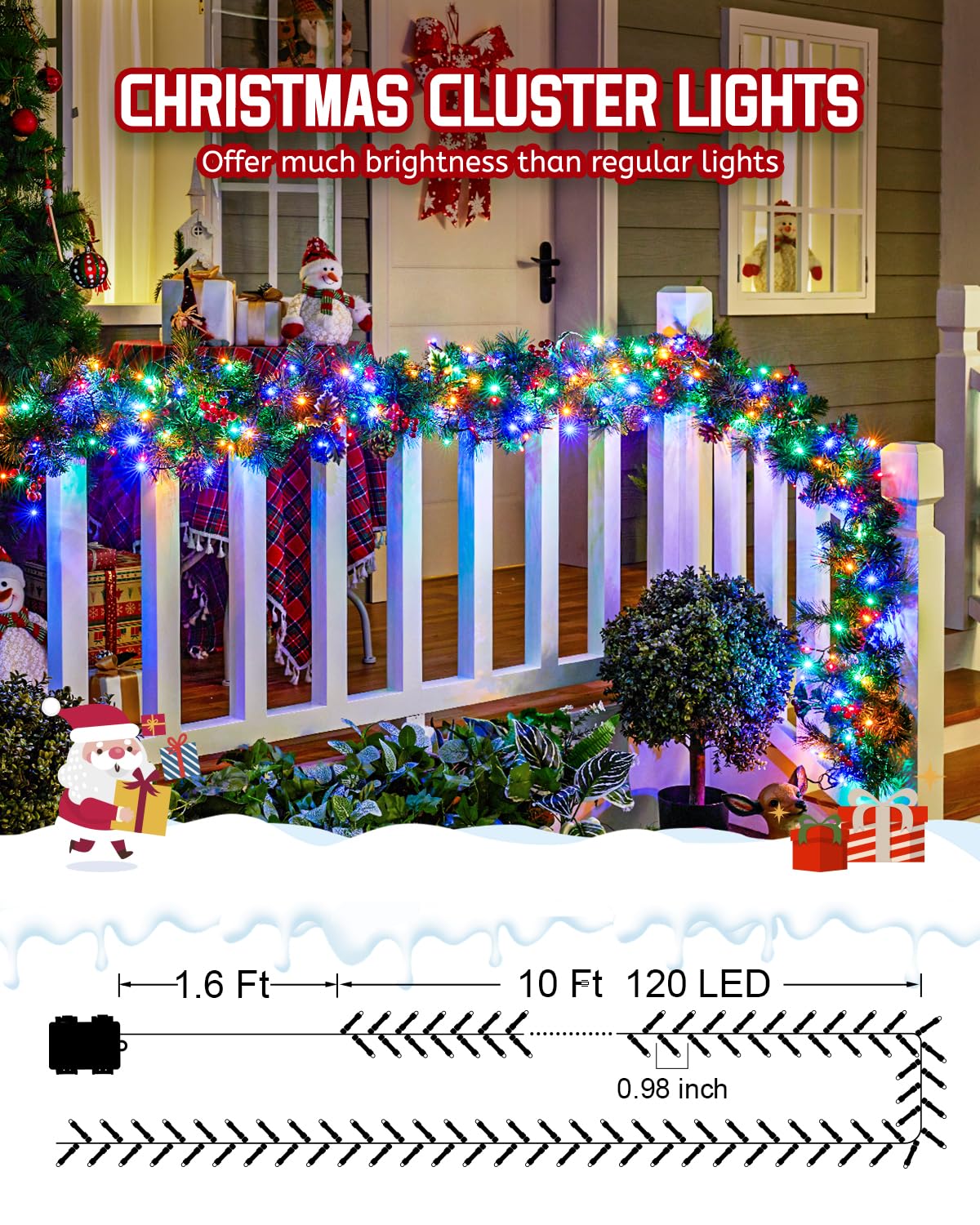Minetom Christmas Cluster Lights, 10Ft 120 LED Twinkle String, Battery Operated, Waterproof, 4 Pack, Multicolor