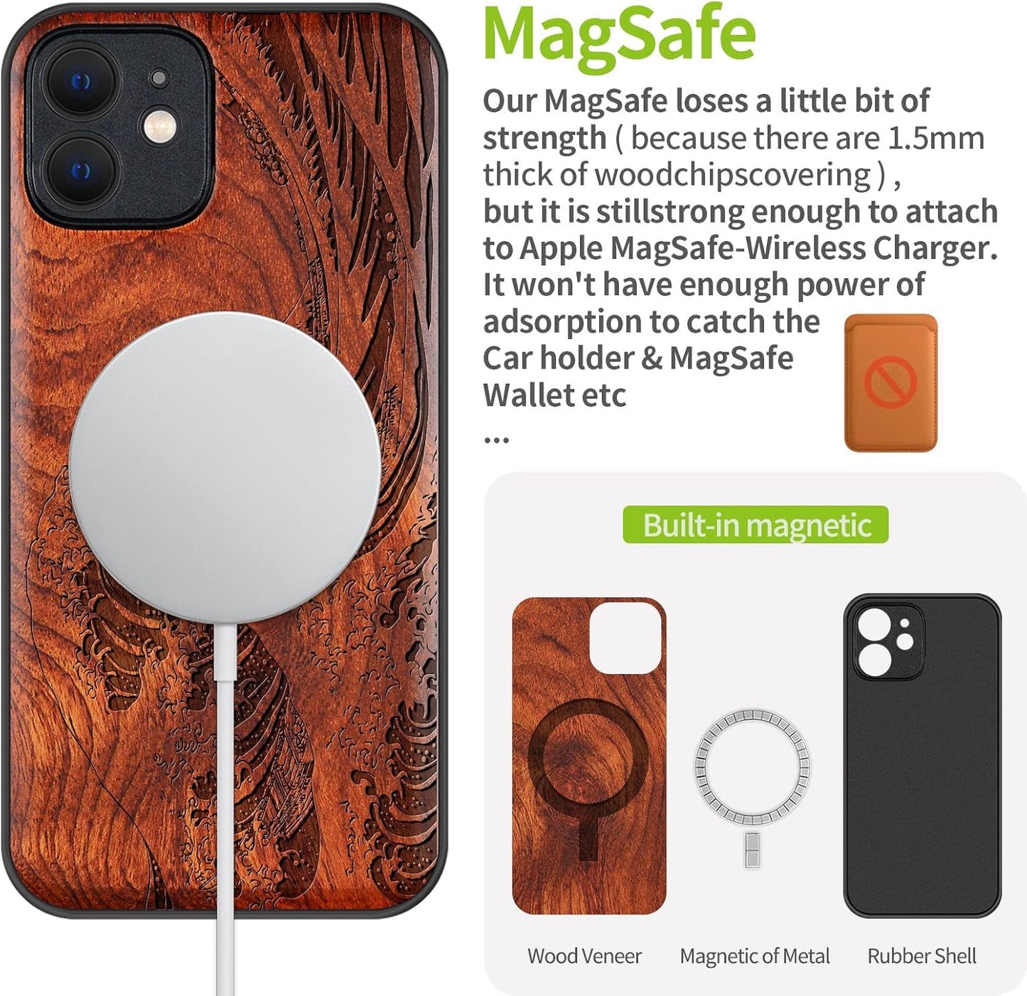 Carveit 12 Magnetic Wood Case for iPhone Case [Natural Wood & Soft TPU] Shockproof Protective Unique & Classy Wooden