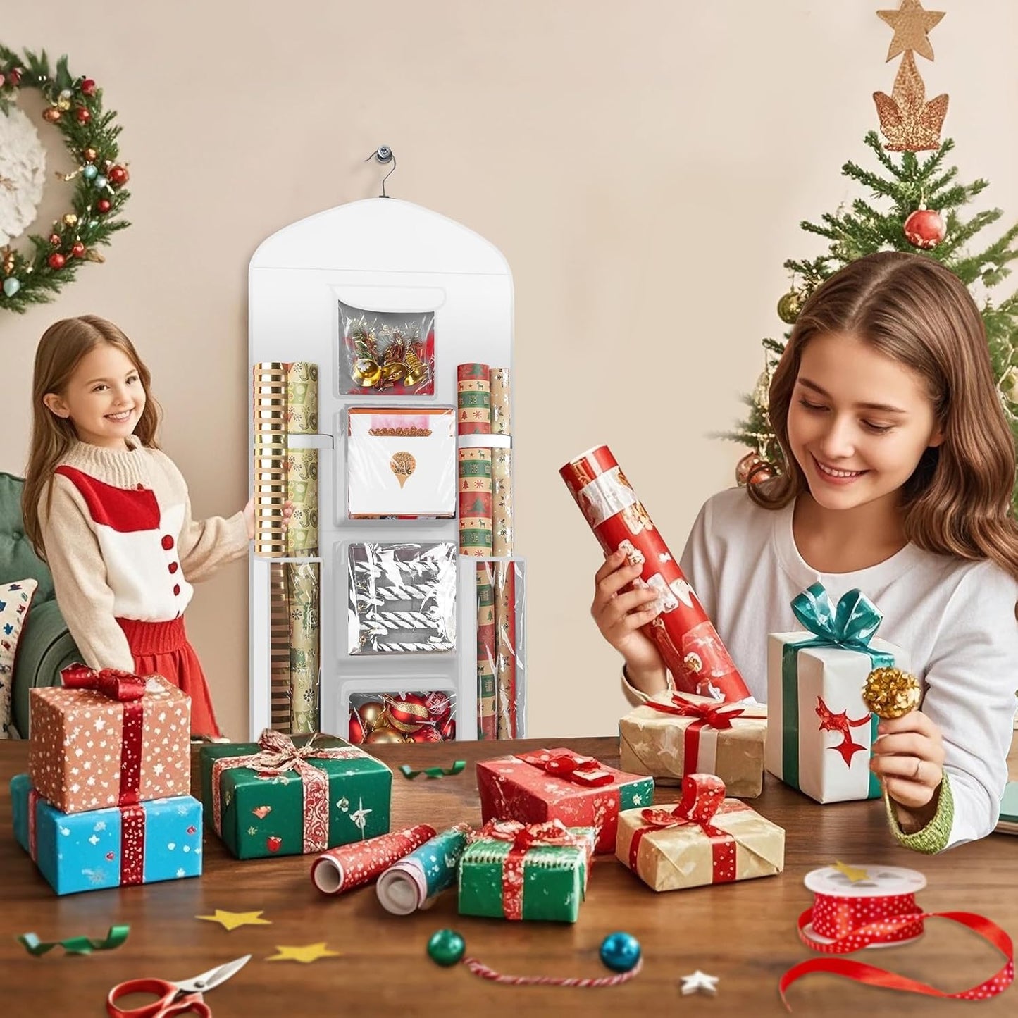 Woodoulogy Gift Wrapping Paper Storage Bag - 40" X 17" Double-Sided Christmas Organizer | Oxford Craft Roll Holder