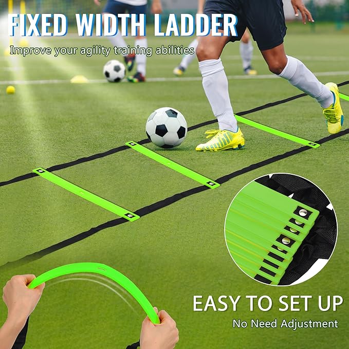 Fixed Rung Agility Ladder - 20ft 12 Rungs No Tangle Speed and Agility Training Equipment for Soccer Footwork Training with Carrying Bag/Ground Stakes for Adults Youth Kids