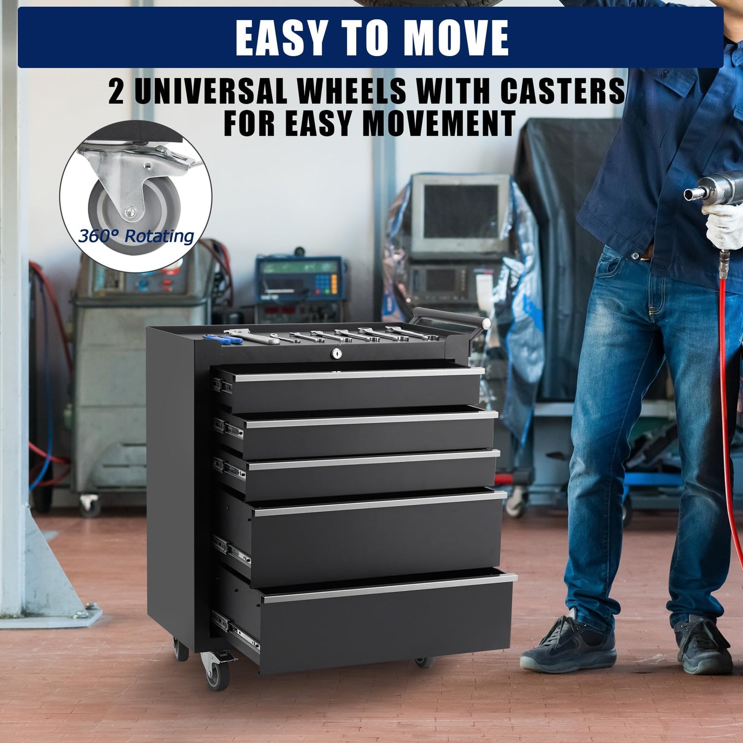 Professional 24 Inch 5-Drawer Tool Chest on Wheels, Constructed with Durable Cold-Rolled Steel, Features 4 Swivel Locking Casters & Full-Extension Drawer Slides, Mobile Tool Storage for Mechanics and
