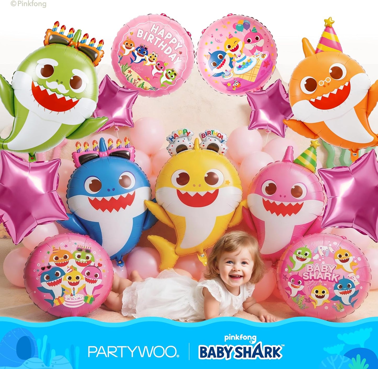 PartyWoo Baby Shark Family Foil Balloons - 13pcs Pink Round & Star Mylar Helium Balloons for Kids' Birthday Party Decorations