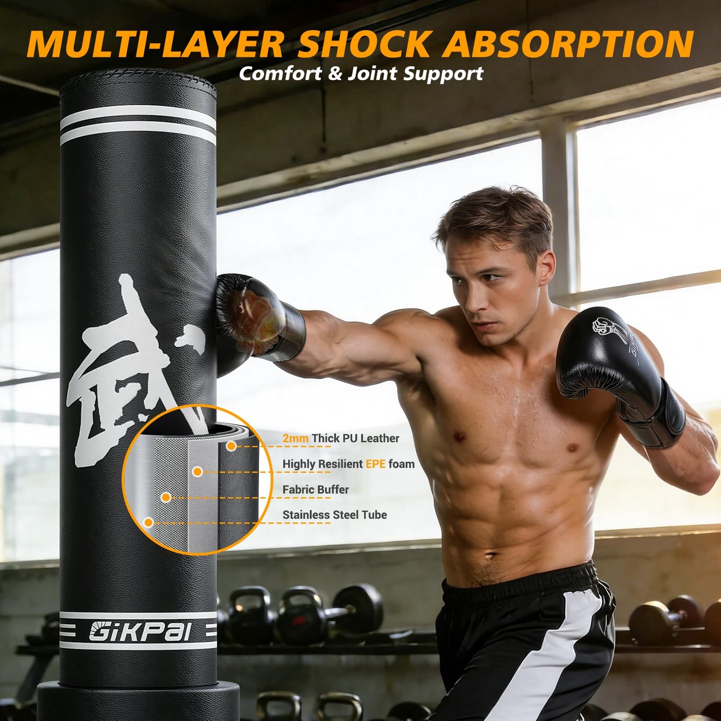 GIKPAL Freestanding Punching Bag for Adults 67'' Heavy Boxing Bag with Boxing Gloves, No Spring Low-Noise Standing Bag for Home Office Kickboxing (Black 02)
