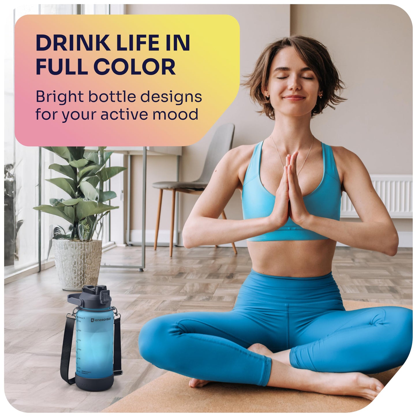 EnergyBud 1/2 Gallon Water Bottle with 74.3 oz Capacity - Motivational Time Markers for Daily Hydration Goals - Leakproof BPA Free Tritan with Removable Straw