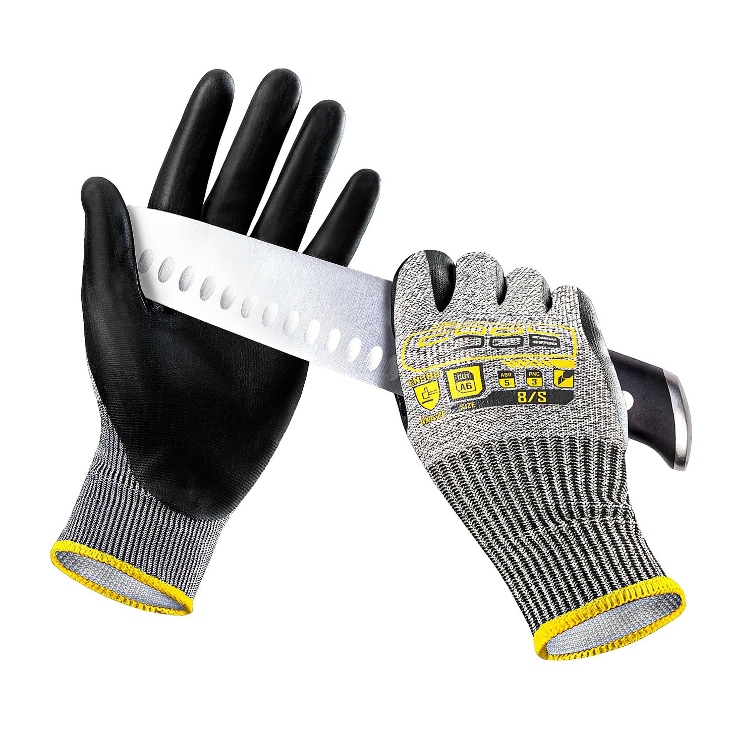 COOLJOB 12/120 Pairs A6 Cut Resistant Safety Work Gloves with Grip, Breathable & Lightweight Polyurethane PU Coated Protective Gloves for Wood Carving, Glass Handling, Mechanic Work, Gray Large