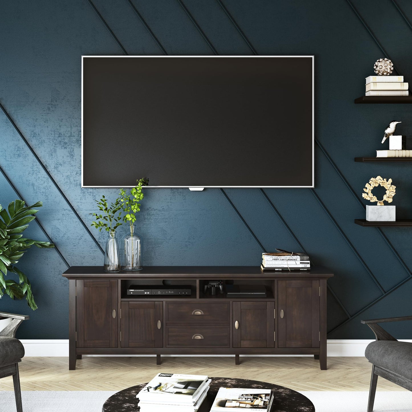 SIMPLIHOME Redmond TV Stand - 72 inch Wide Solid Wood Media Console in Brunette Brown, Transitional Entertainment Center for Living Room for TVs up to 80 Inches with Drawers and Cable Management