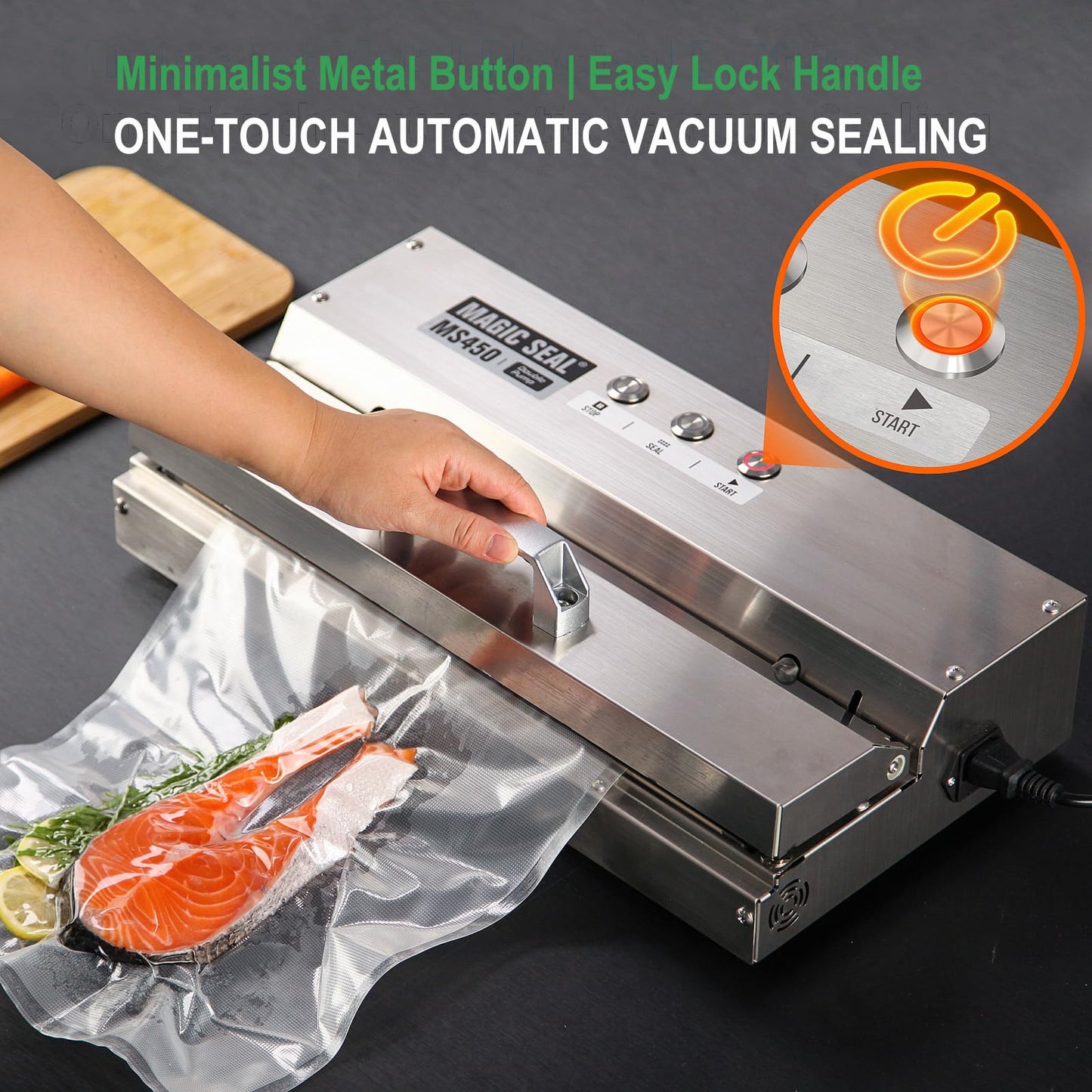 MAGIC SEAL 16'' Commercial Vacuum Sealer - All 304 Stainless Steel Constructed Automatic Vacuum Packaging Machine for Food Storage, 95kPa 400W, Easy-lock Handle, 450 Continuous Seals -MS450