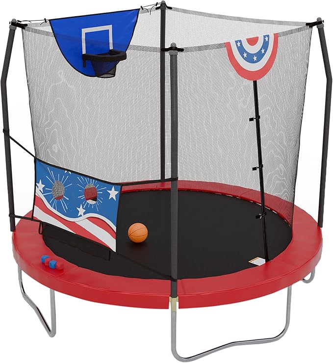Skywalker Trampoline Outdoor 8 FT, 12 FT, 15 FT Jump N’ Dunk Round Outdoor Trampoline with Net, Trampoline Mat, and Basketball Hoop for Trampoline