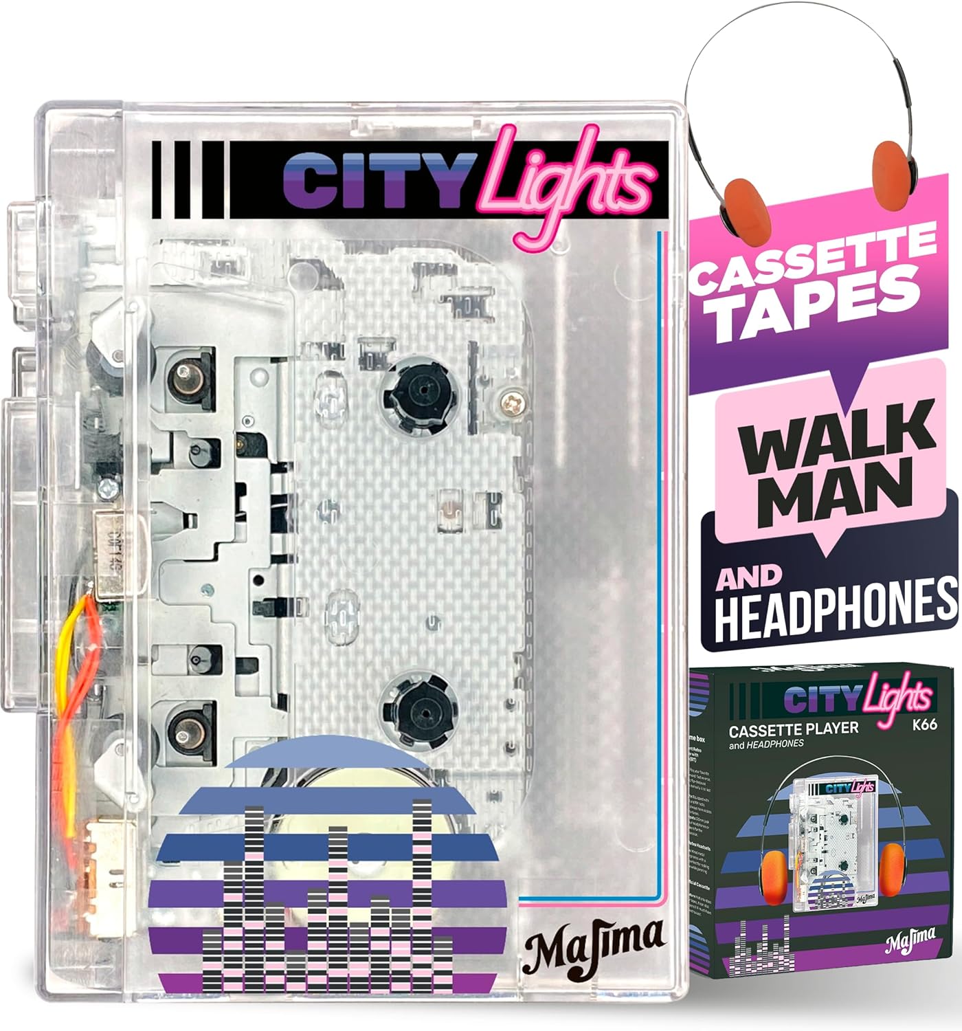Majima Design Cassette 80s 90s Bluetooth Player with FM Radio Transparent Portable Design Retro Audio Gift Supports USB