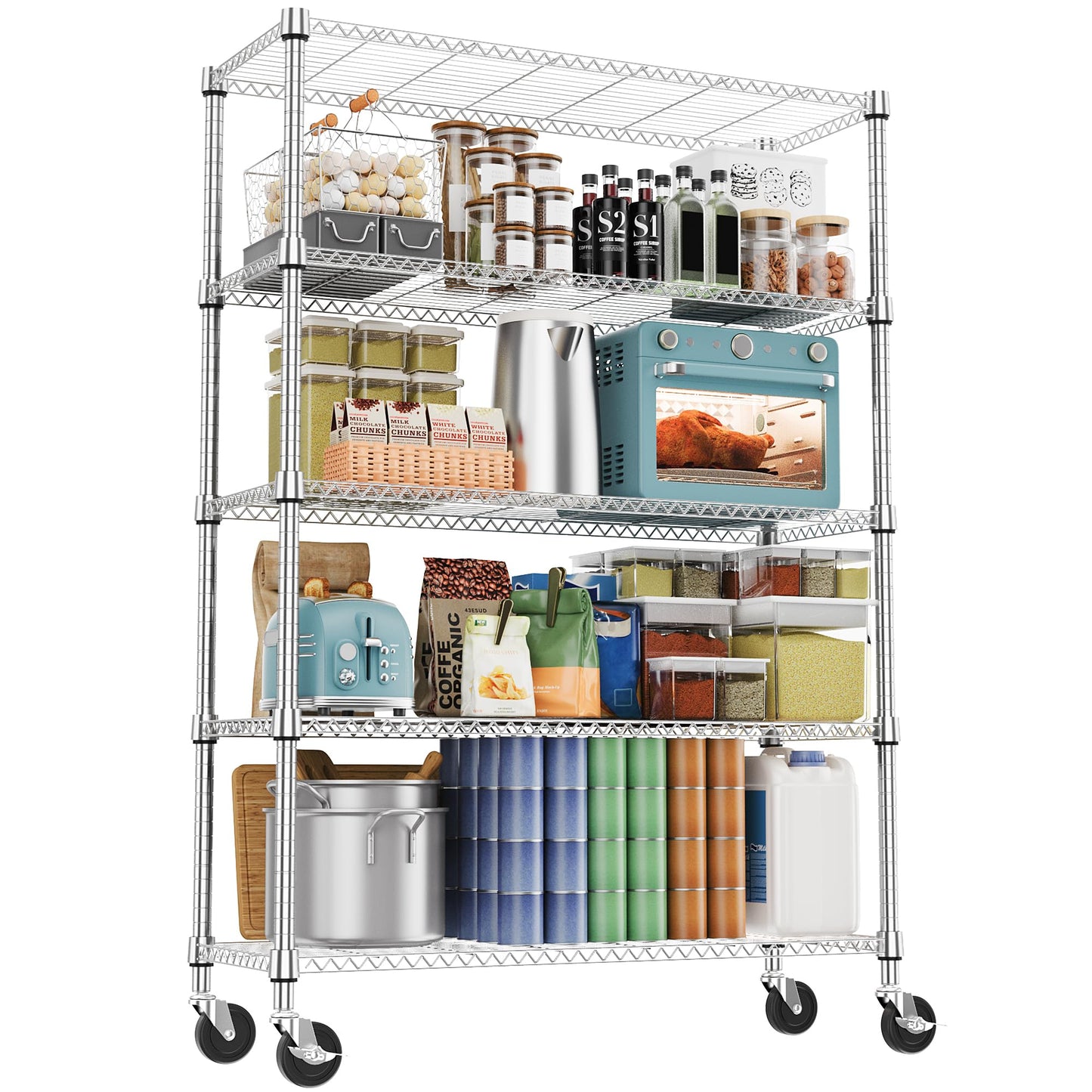 M MZG 1750LBS 47.2" W 5 Tiers Storage Shelves Metal Shelving Unit with Wheels Heavy Duty Garage Shelving Adjustable Wire Shelves for Pantry,Kitchen,Garage,Basement,Chrome 17.7" D x 47.2" W x 76.8" H
