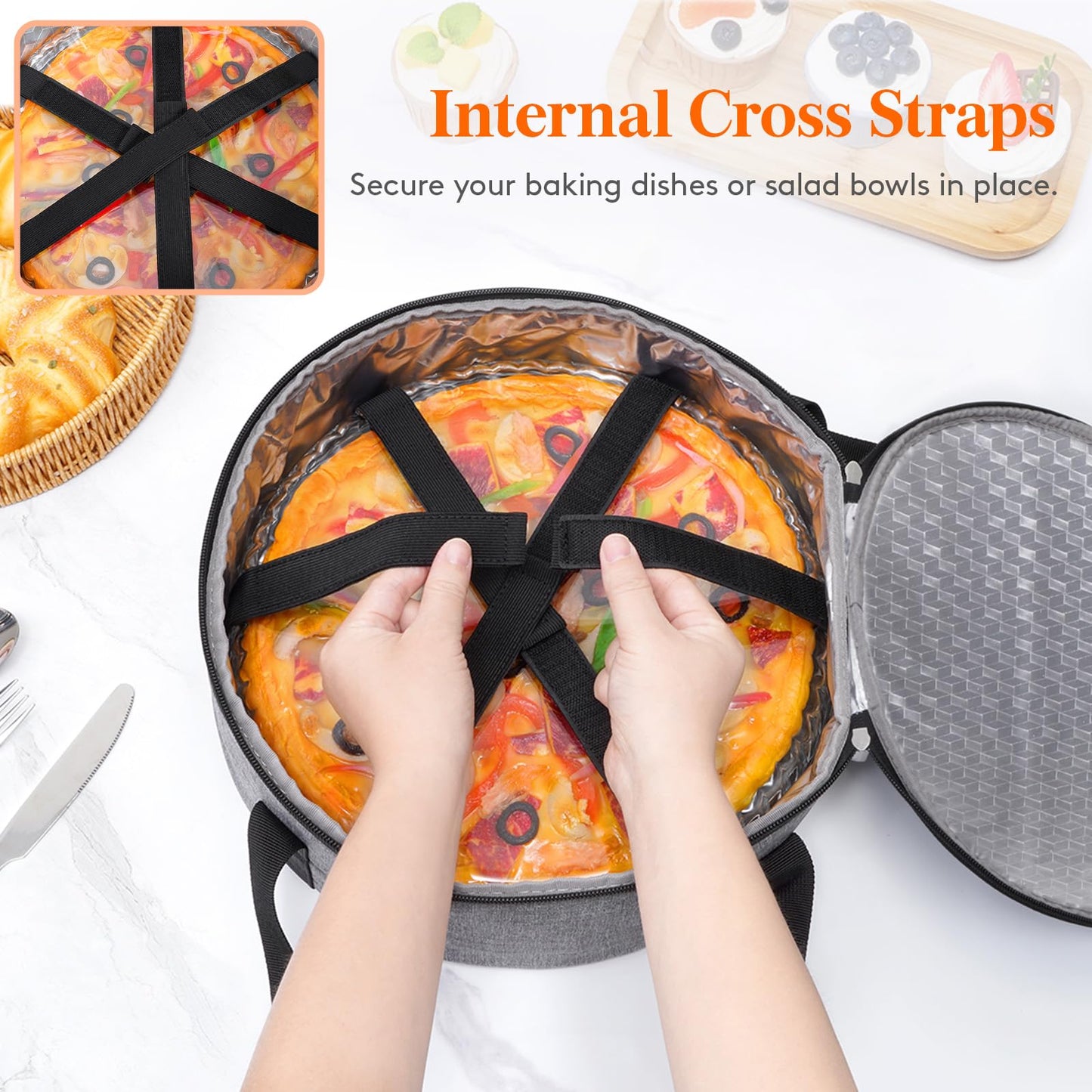 Lifewit Insulated Single Decker Round Casserole Carrier, Portable Pie Carrier Bag for Hot or Cold Food, Fits 12.5" Baking Dish, Thermal Lunch Tote for Potluck Parties, Picnic and Cookouts, Grey