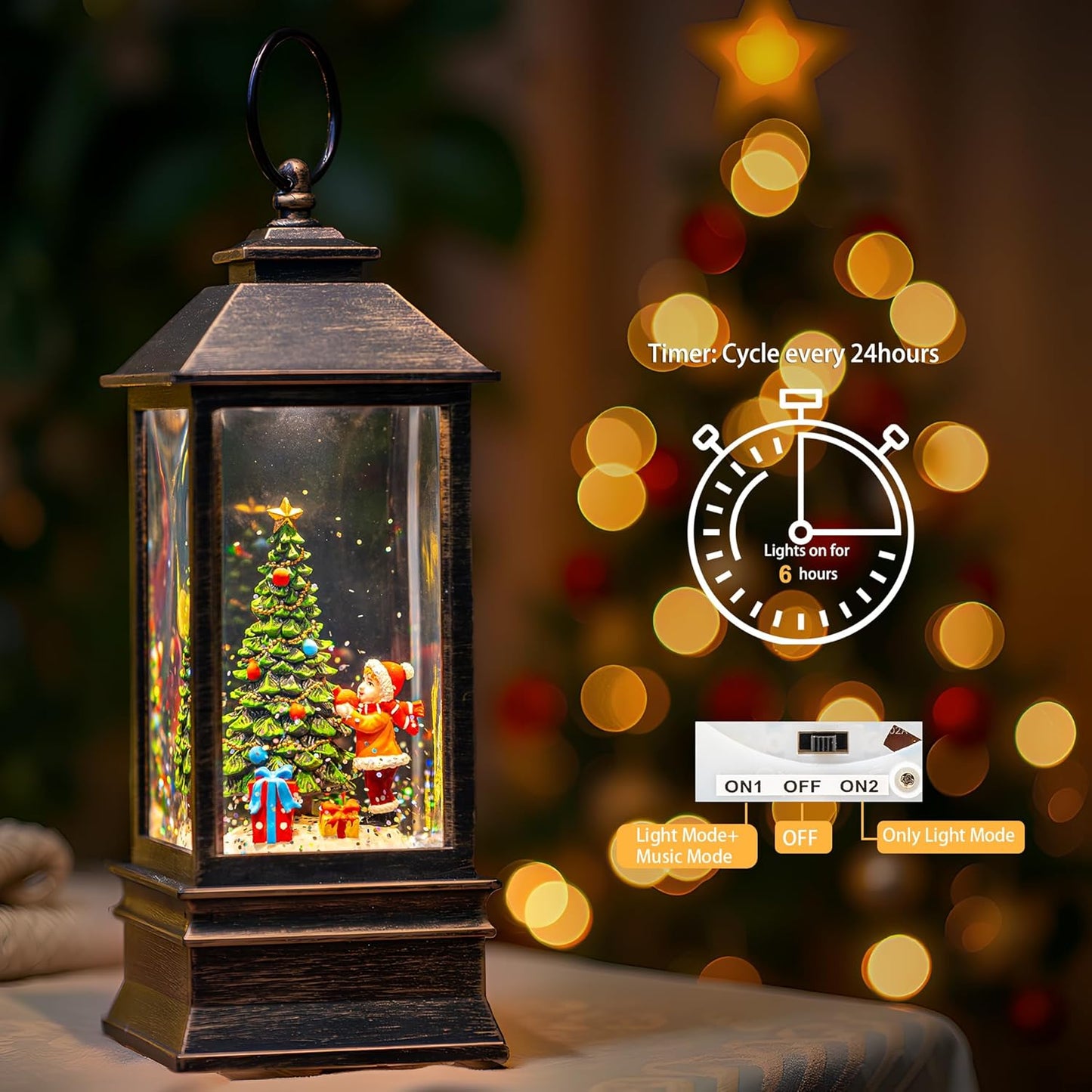Skiennix 10'' Snow Globe Christmas Lantern - Musical & Lighted with Swirling Glitter | Battery or USB Powered