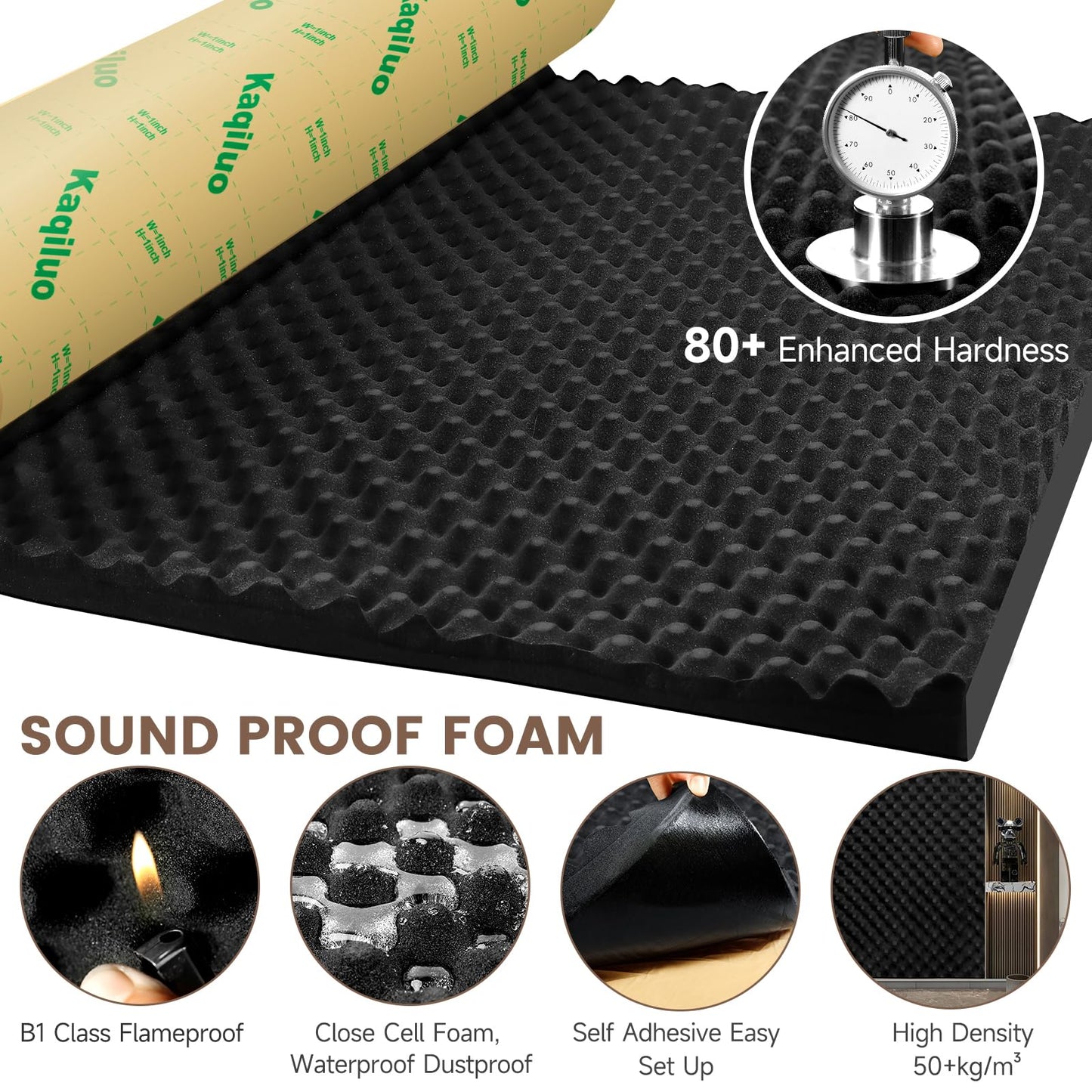 Self-Adhesive Thickened Sound Insulation Egg Crate Foam 13.99 sqft x 1.77in Thick,50+kg/m³ ,Fire/Water Resistant ,Thermal Insulation,Acoustic Treatment Foam