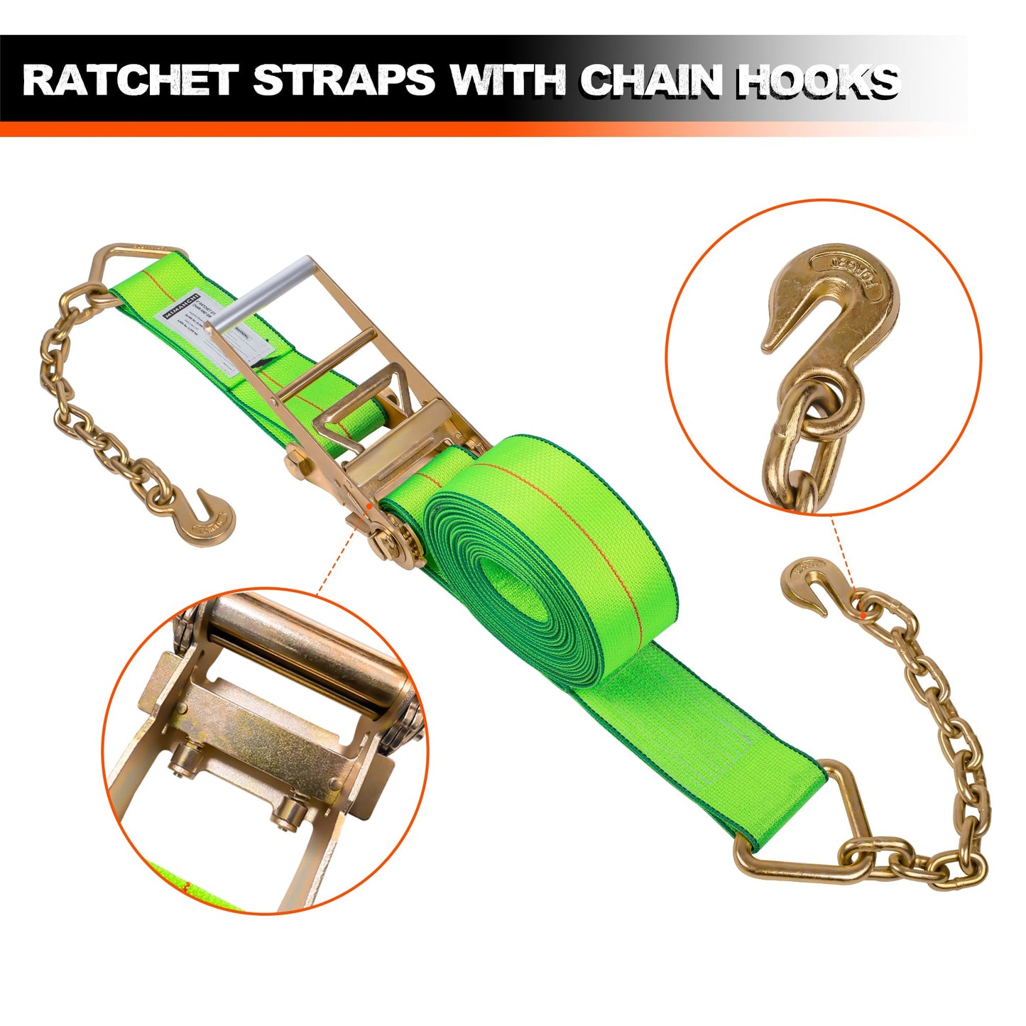 Mimanchi 4 inch 40 ft Ratchet Straps with Chain Extension Ends,2 Pack,Heavy Duty Tie Down Straps with Grade 70 Chain Hook, Flatbed Equipment for Trucks and Trailers Cargo Control