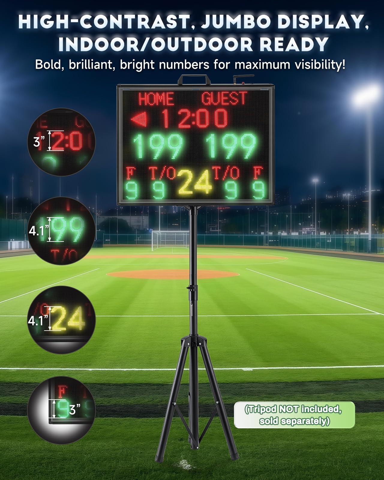 Matrix Display Large Electronic Scoreboard with Wireless LCD Touchscreen RF Controller - 26.4x20.5" Big Matrix Display, 100Ft Visibility, DC Battery, Flexible Control for Indoor/Outdoor Sports Games