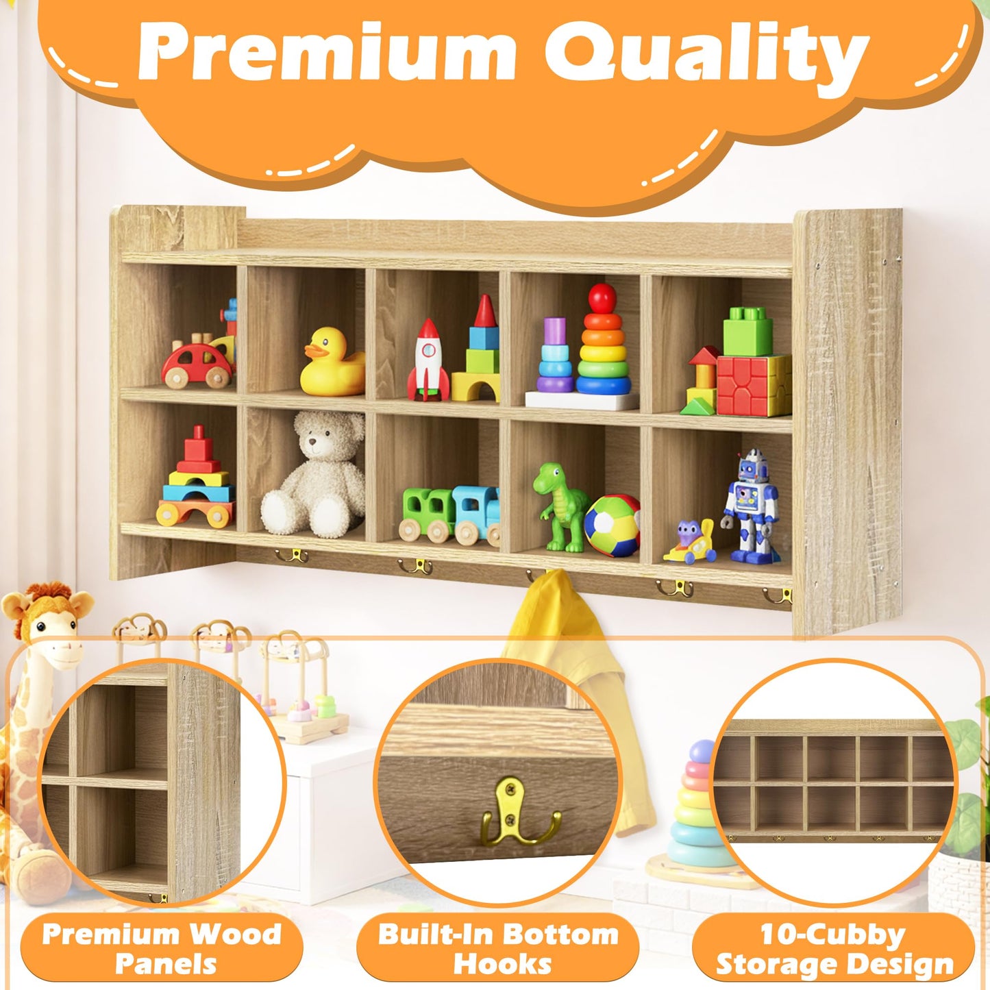 Verssure Wall Cubbies, 10 Cubby Storage Organizer with Coat Hooks, Cubbies for Classrooms,Wooden Cubby Shelf for Toys, Bags and Books, Used in School, Gym, Daycare Storge (White Oak)