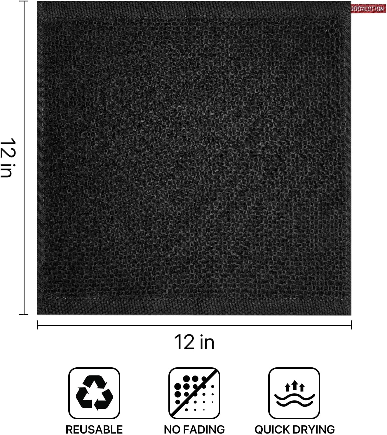 Skiennix 100% Cotton Waffle Weave Kitchen Towels - Ultra Soft & Absorbent 6 Pack | Quick Drying, 12x12 Inches, Black