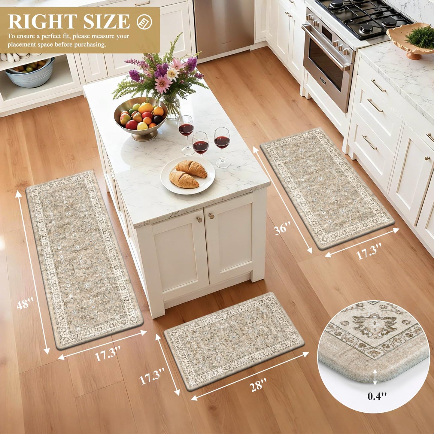 Pauwer Anti Fatigue Kitchen Floor Mats Set of 3, PVC Foam Padded Kitchen Rugs, Non Slip Cushioned Comfort Standing Mat, Waterproof Sink Rug for Small Kitchen Area, Laundry Room, Light Brown