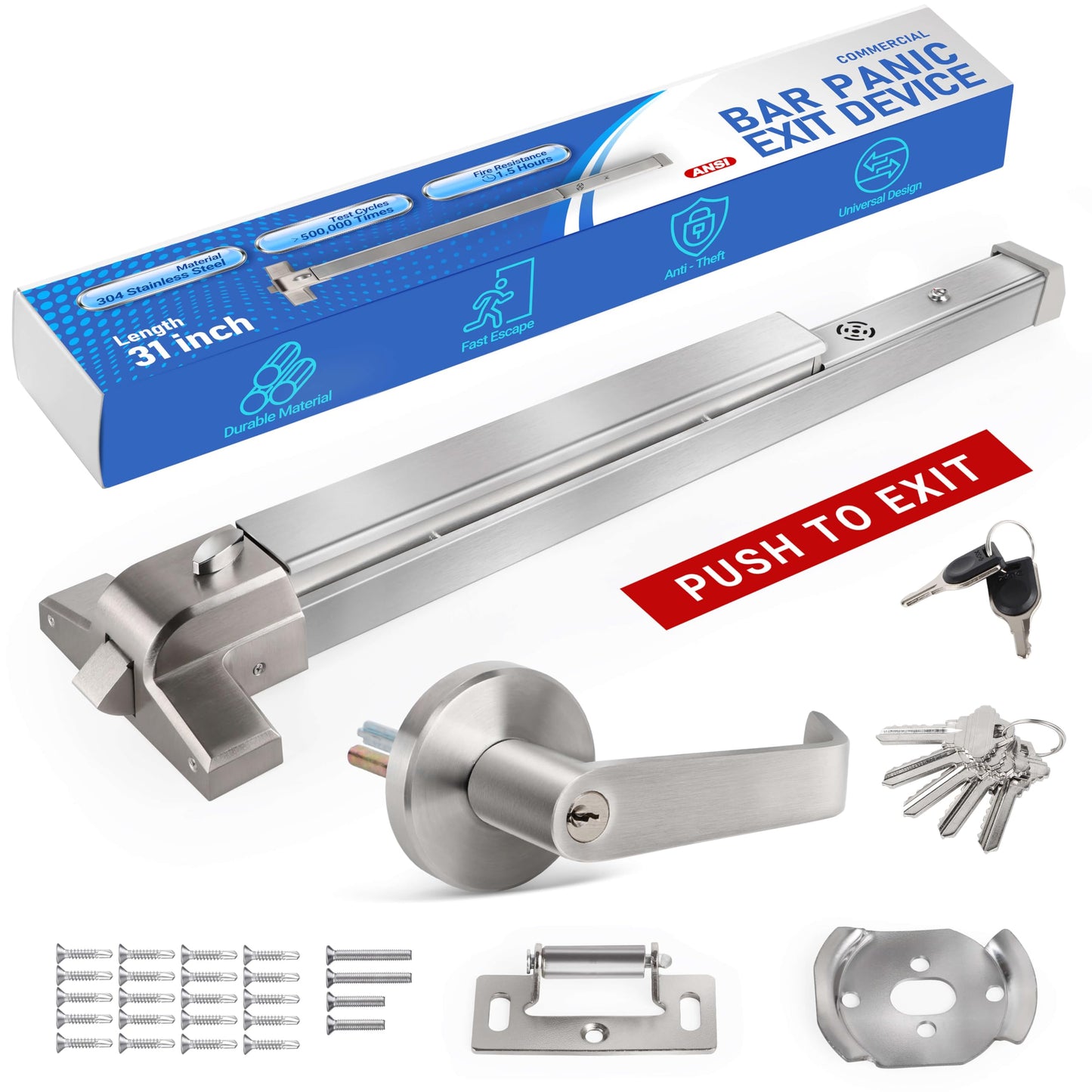 Polar Tangro Commercial Door Push Panic Bar, 31’’ Exit Alarm Device Panic Bars with Exterior Lever Handle, Stainless Steel Panic Bars with 3 Keys for Emergency Exit, Suitable for Metal, Wood Doors