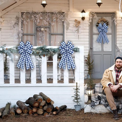 Blue Buffalo Plaid Wreath Bow - Stylish Blue & White Burlap Ribbon for Home Decor & Tree Ornaments