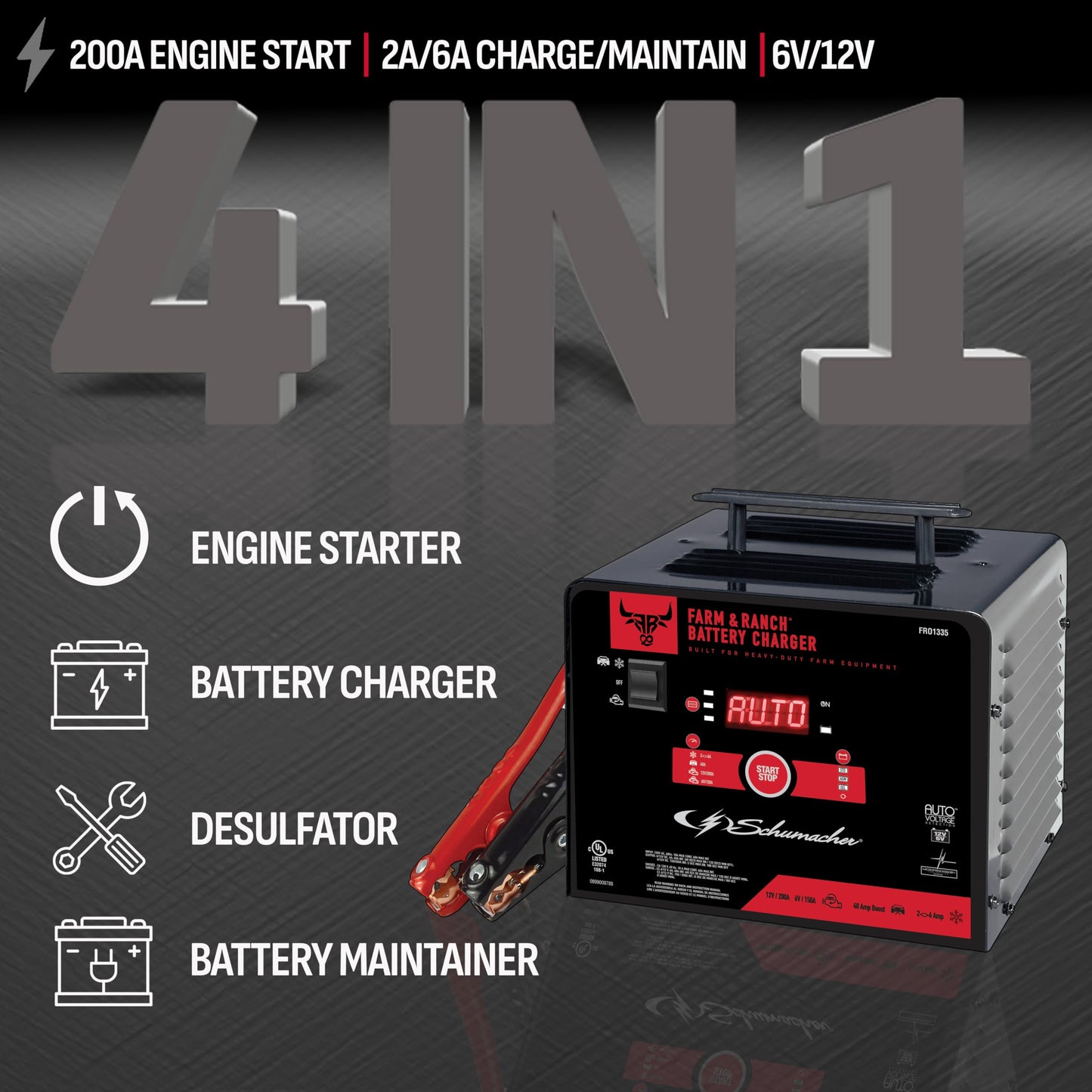 Schumacher Electric Farm & Ranch 6A Car Battery Charger and 200A Engine Starter, 4-in-1 Solution, Maintainer, 40A Boost, for 6V/12V Power Sport, Automotive, and Marine Batteries, FR01335