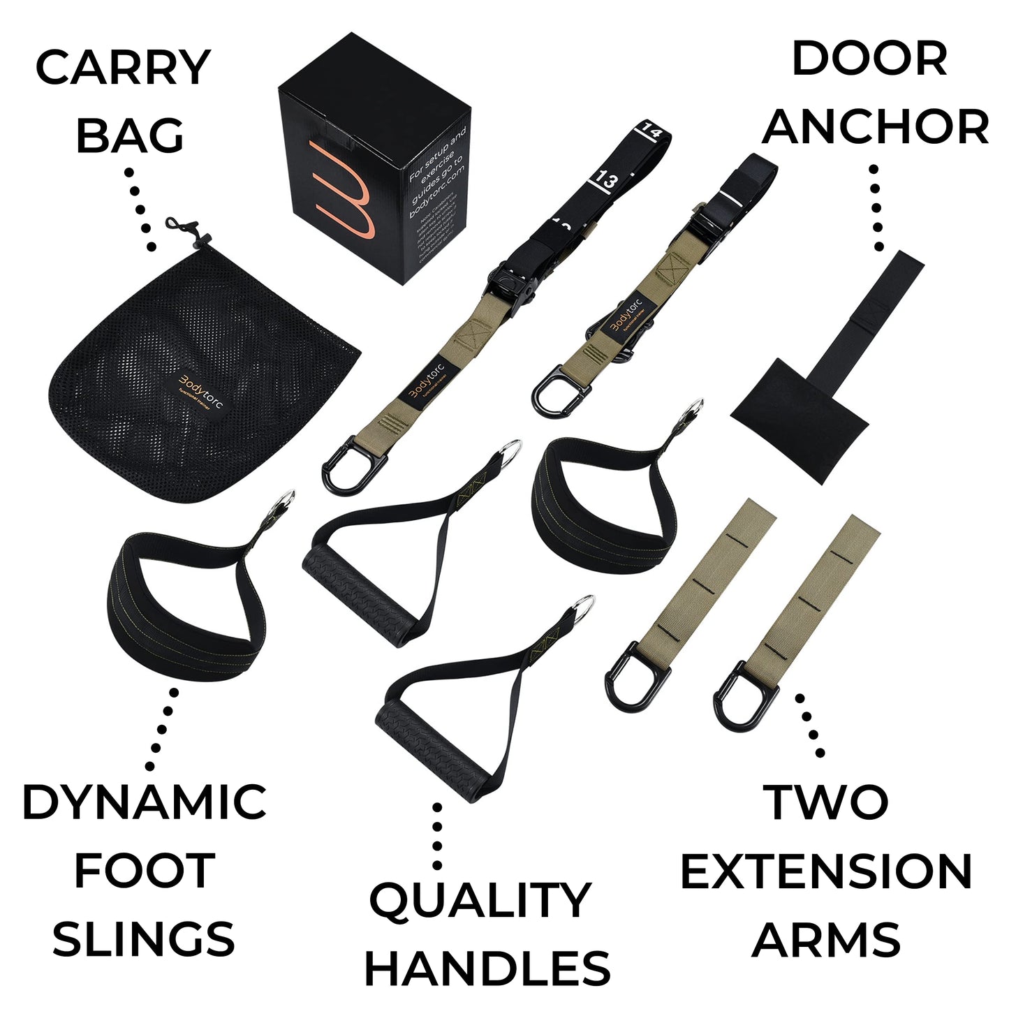 Bodytorc Suspension Trainer, Bodyweight Training Straps for Full Body Workouts at Home, Includes Door Anchor, Extension Arms and Advanced Foot Straps. Green