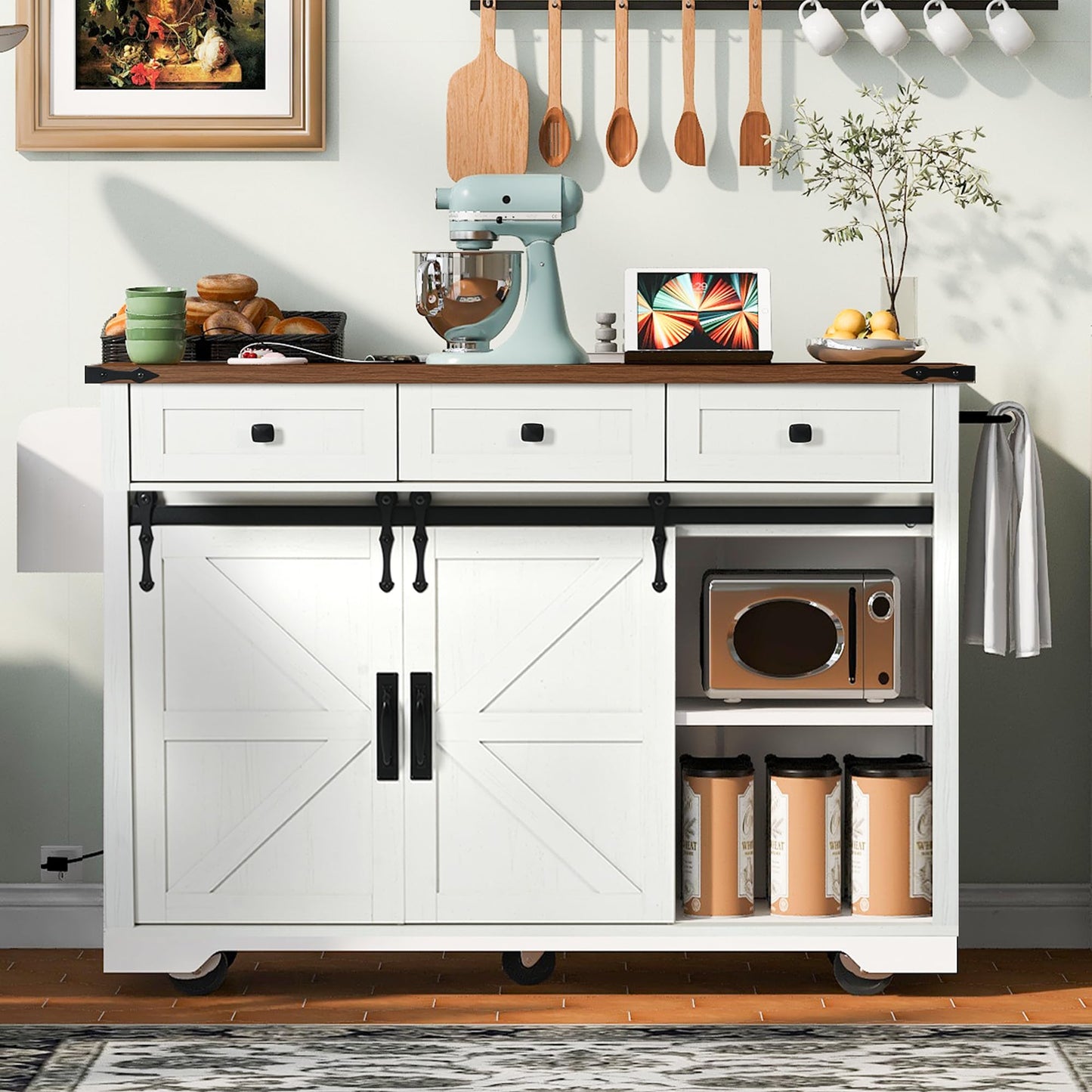 EQEY 53.7" Farmhouse Kitchen Island with Power Outlet, 2 Sliding Barn Door Kitchen Storage Island with Drop Leaf, Spice Rack Rolling Kitchen Cart on Wheels, for Home, Kitchen and Dining Room, White