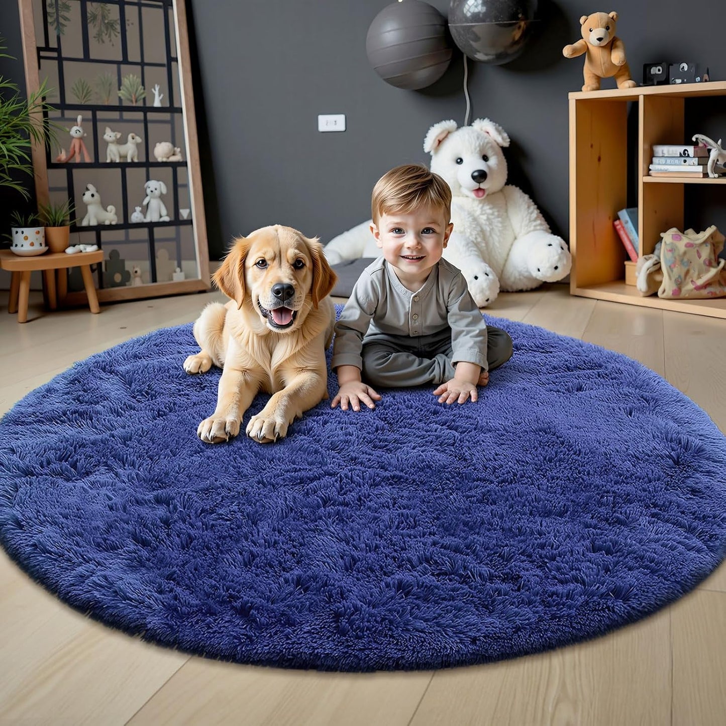 OLANLY Round Navy Blue Area Rug - Soft, Fluffy, Machine Washable 5 ft Circle Carpet for Bedroom & Living Room