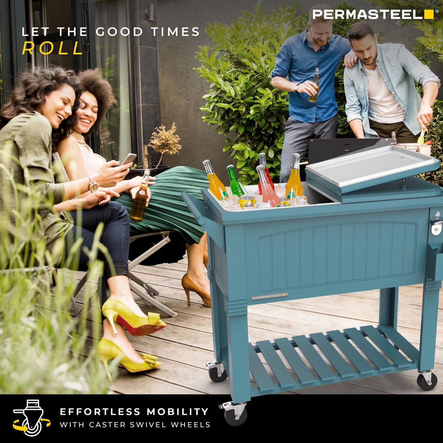 Permasteel Party Cooler with Divider, Spacious 80-Qt Capacity, Chills 36hrs, Serving Tray, Rolling Ice Chest for Indoor and Outdoor Entertainment, Matte Teal