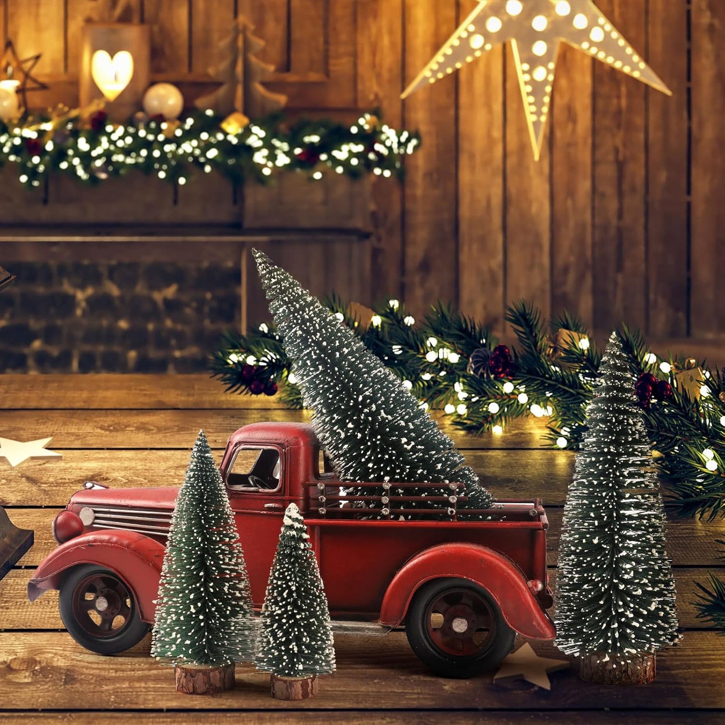 Skiennix Mini Christmas Tree - Small Pine Tabletop Decor with Wooden Bases | Green (Set of 4)