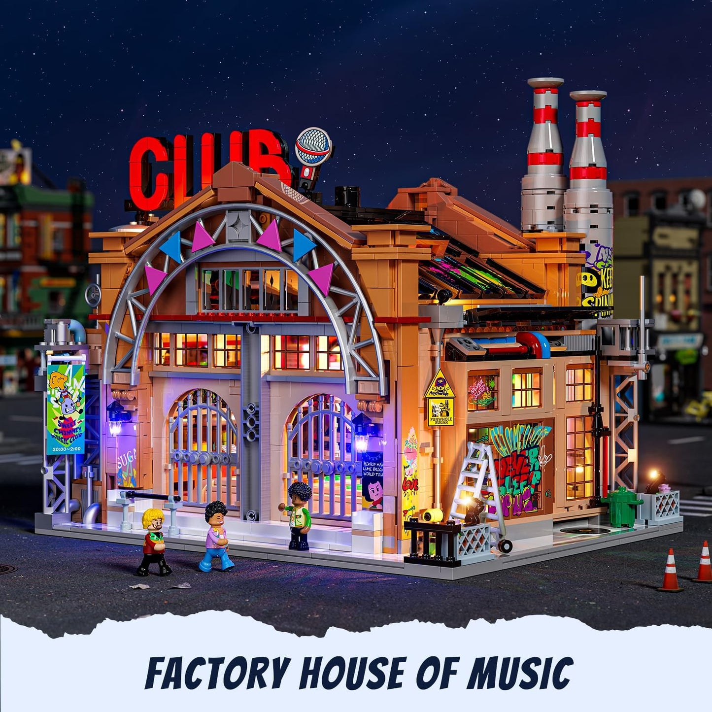 FUNWHOLE Factory House of Music Lighting Building Bricks Set - Street Fusion Music Club City Town Fully Accessible Multi-Form Modular Collection Kit 2654 Pcs for Adults & Teens & Street Culture Lovers