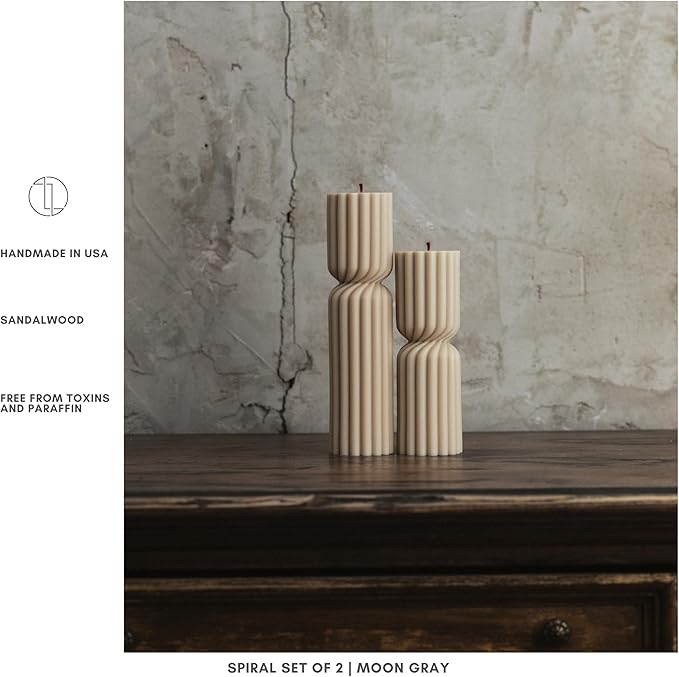 LAWA Spiral Spire Candle - Large Beautiful Handmade Pillar Scented Soy Wax Elegant Bubble Aesthetic Candle Housewarming Gift Home Room Shelf Decor Idea White (Set of 2, Moon Gray)