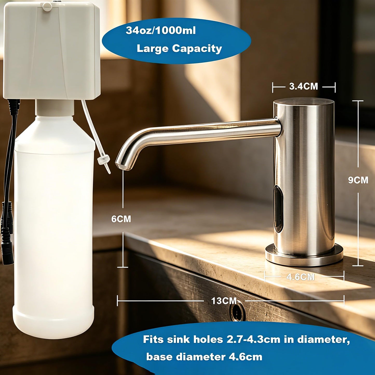 Tesrin Automatic Liquid Soap Dispenser Touchless for Bathroom and Kitchen with 33.81oz/1000ml Upgraded Infrared Sensors Built in Sink Soap Dispenser for Smart Home