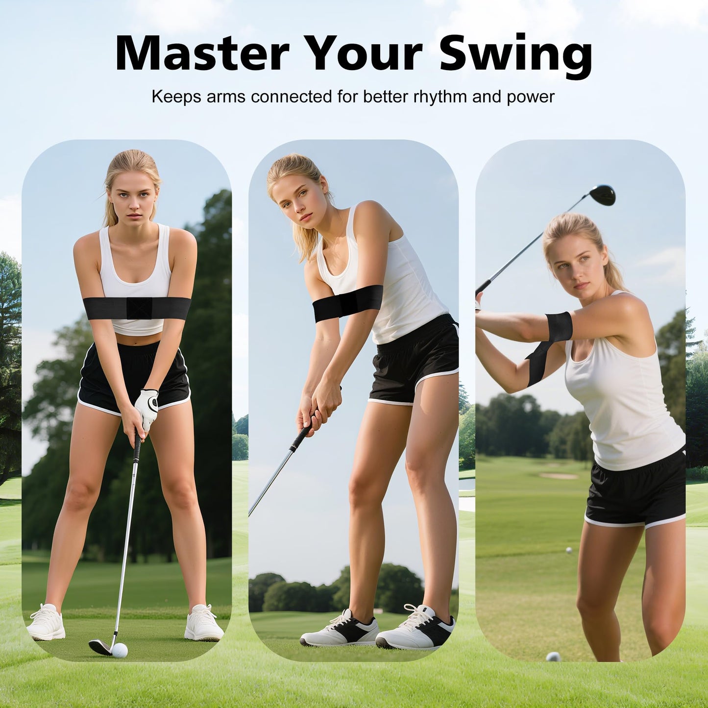 PINKMOLI 2 Pack Golf Swing Training Aid Swing Correcting Arm Band for Muscle Memory & Body Connection – Golf Trainer for Beginners, Left/Right-Handed Players (Black)