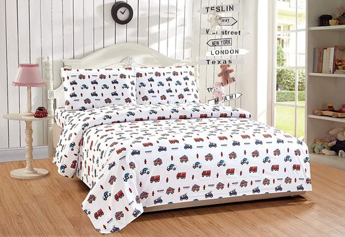 Mk Home 4 PC Queen Size Sheet Set for Boys Heroes on Call Firetruck Police Car Ambulance Red Blue White New